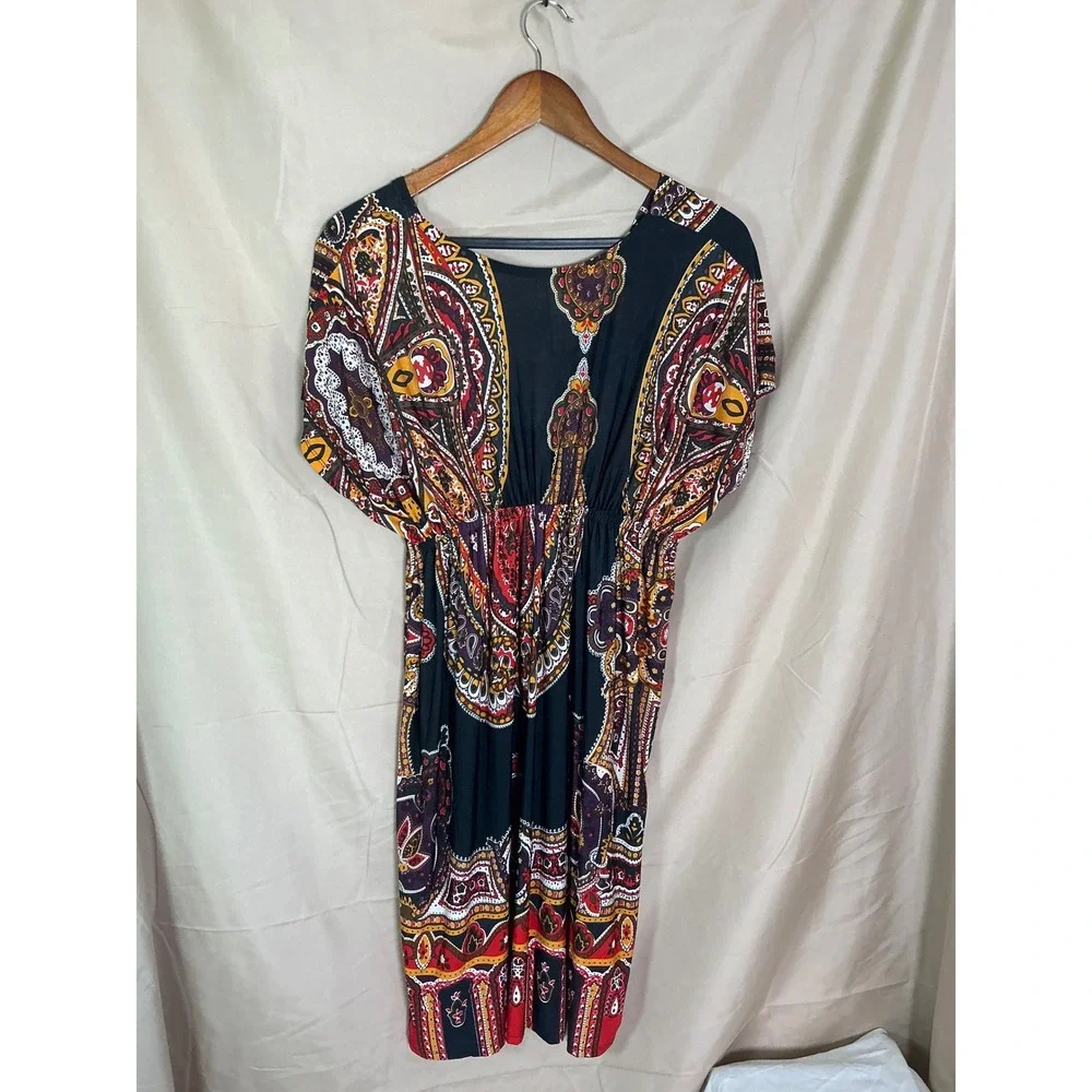 Cristina Love Paisley Empire Waist Dress Womens XL Black Red Excellent Boho Midi - Picture 9 of 12